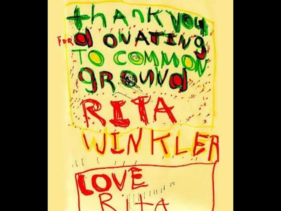 a poster with colorful letters made by Rita Winkler as a thank you for donating to Common Ground