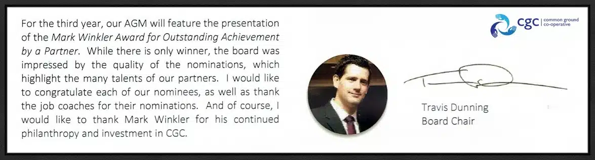 Thank you note from Travis Dunning, board chair of Common Ground Co-operative Thank you note from Travis Dunning, board chair of Common Ground Co-operative